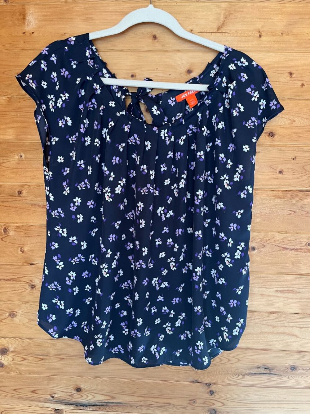 Joe Fresh, Short Sleeve Blue with Flowers with Pleated Neck Line - Size L